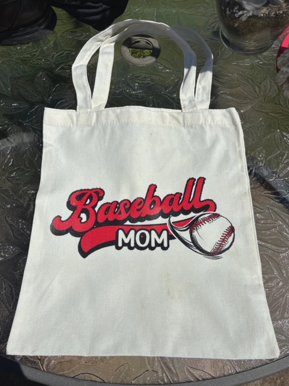 Hand Crafted White Tote with Red & Black 'Baseball Mom' Graphic